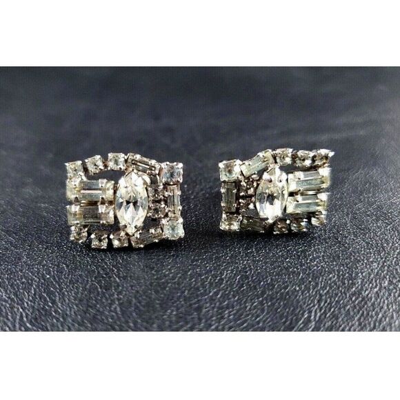 VINTAGE Jewelry- WEISS Screw Back Marquis Round Clip-On Rhinestone Earrings - Picture 1 of 8